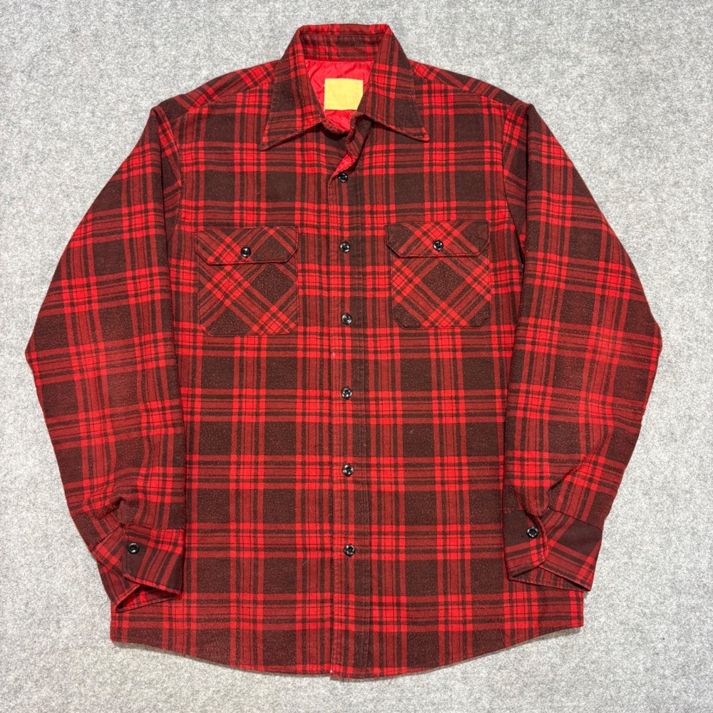 Vintage Red Black Plaid Quilted Lined Flannel Shirt Jacket Mens Large L Heavy